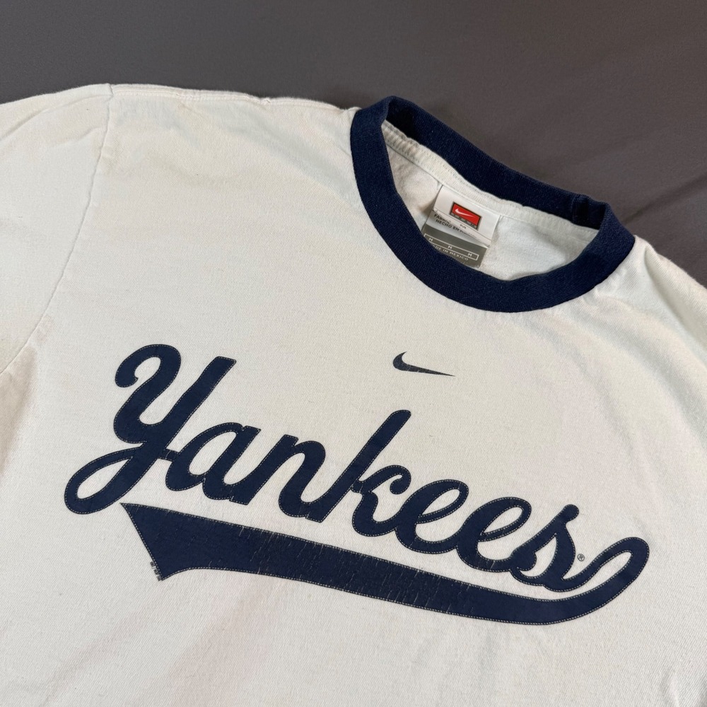 Nike Team New York Yankees Ringer T-Shirt White Navy Blue Mens M Vintage MLB